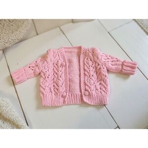 Hand Knit Baby Girl Pink Cable‎ Knit Cardigan Sweater Buttons cottage feminine